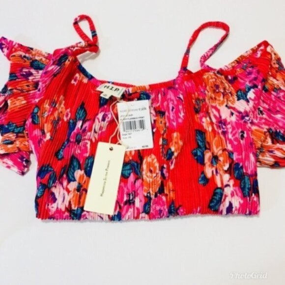 H.I.P. Womens Pink Floral Cold Shoulder Short Sleeve Crinkle Blouse Sz XS New - Picture 3 of 9